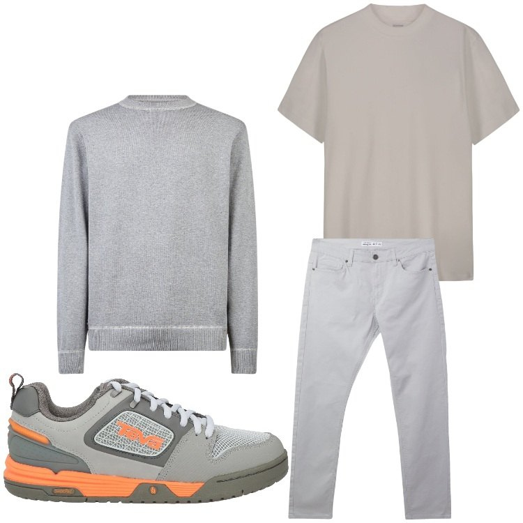Outfit uomo - Pullover in primavera. Stile Casual per Tutti i giorni. Abbinamento con sneakers, pantaloni skinny, maglieria, t-shirt.