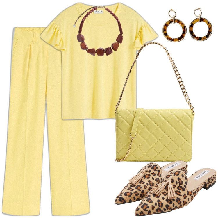 Outfit donna - Passeggiata al lago. Stile Casual chic per Tutti i giorni. Abbinamento con pantaloni a palazzo, maglieria, sabot, borse a tracolla, orecchini, collane.