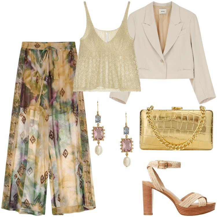 Outfit donna - Eleganza poco banale. Stile Glamour per Cerimonia. Abbinamento con top, pantaloni a palazzo, blazer, sandali, orecchini, clutch.