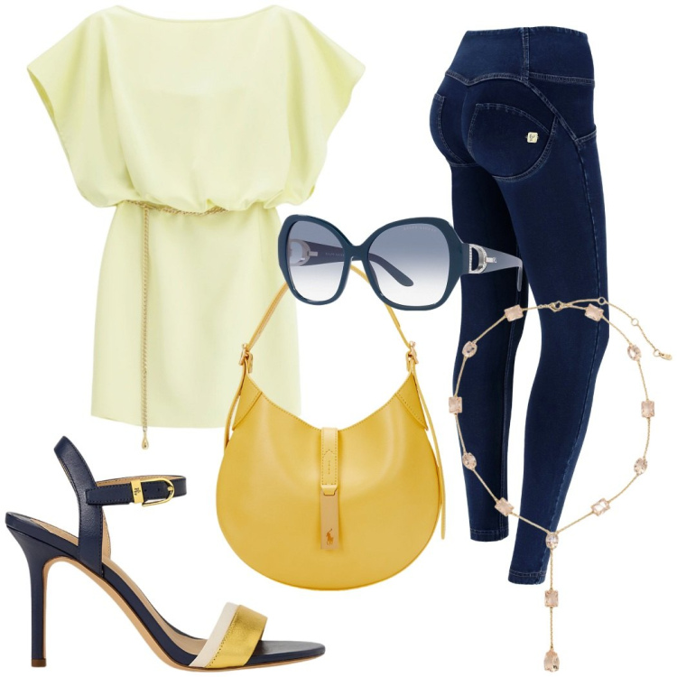 Outfit donna - Giallo burro e denim per l\'aperitivo. Stile Casual chic per Serata fuori. Abbinamento con vestiti corti, jeggings, occhiali da sole, sandali in pelle, borse a spalla, collane.