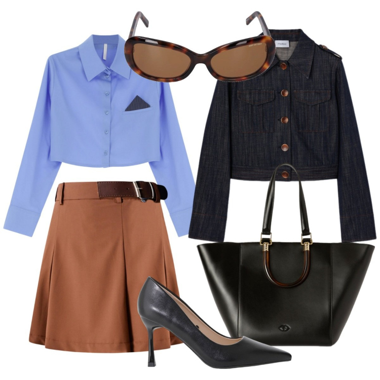 Outfit donna - Per ogni occasione. Stile Casual chic per Tutti i giorni. Abbinamento con minigonne, décolleté, camicie, occhiali da sole, shopping bag, blazer.