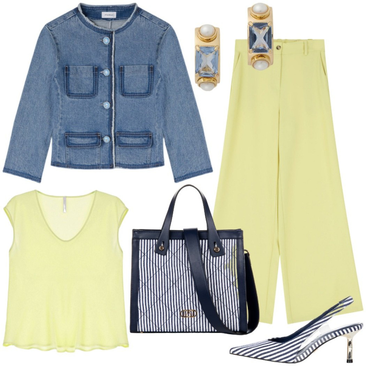 Outfit donna - Sofisticato giallo burro. Stile Casual chic per Tutti i giorni. Abbinamento con shopping bag, décolleté, top, pantaloni a palazzo, orecchini, blazer.