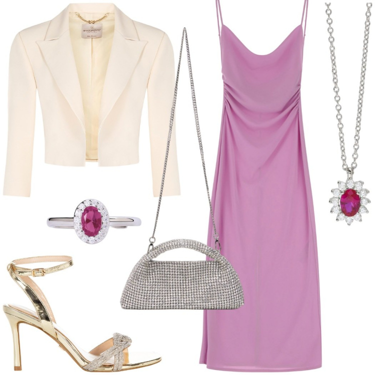 Outfit donna - Evento glamour. Stile Glamour per Cerimonia. Abbinamento con anelli, collane, sandali col tacco, bolero, vestiti, clutch.