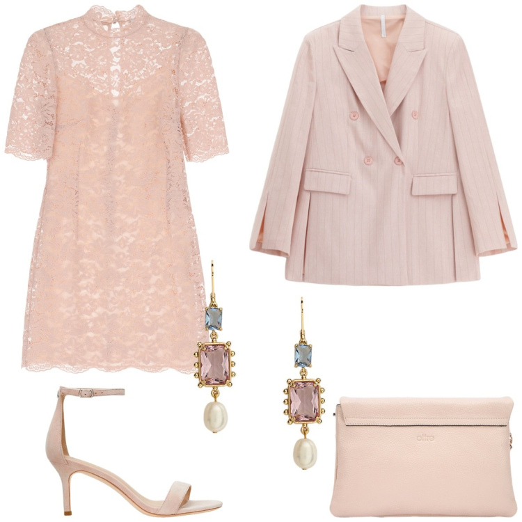 Outfit donna - Vestito pizzo rosa delicato. Stile Bon Ton per Cerimonia. Abbinamento con vestiti corti, blazer, sandali in pelle, orecchini, borse a tracolla.