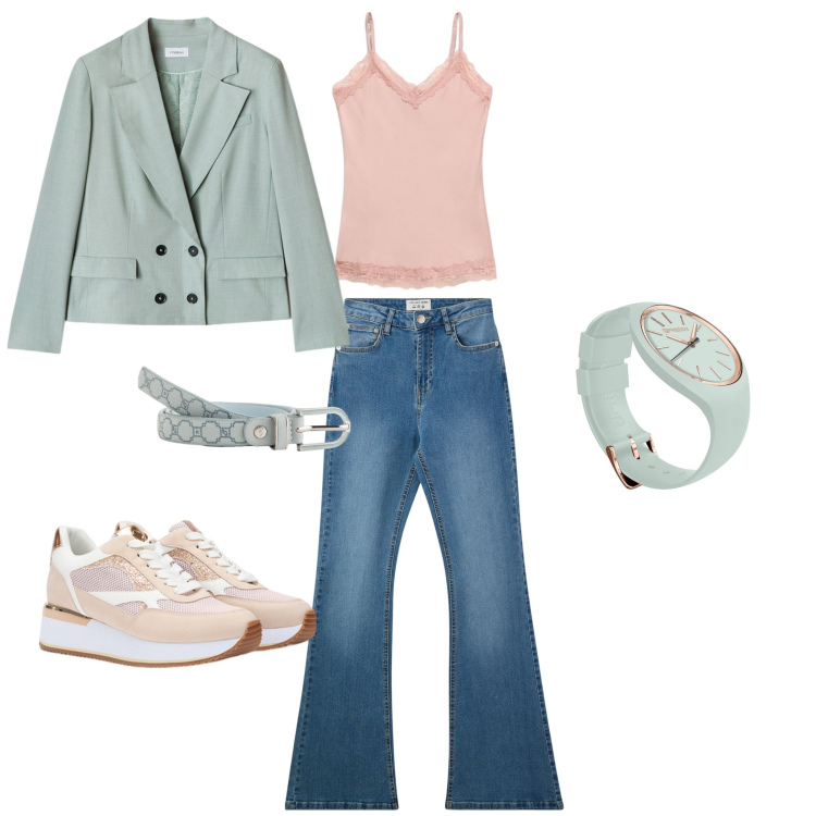 Outfit donna - Cipria in primavera. Stile Casual chic per Ufficio. Abbinamento con jeans a zampa, orologi, top, cinture, sneakers, blazer.