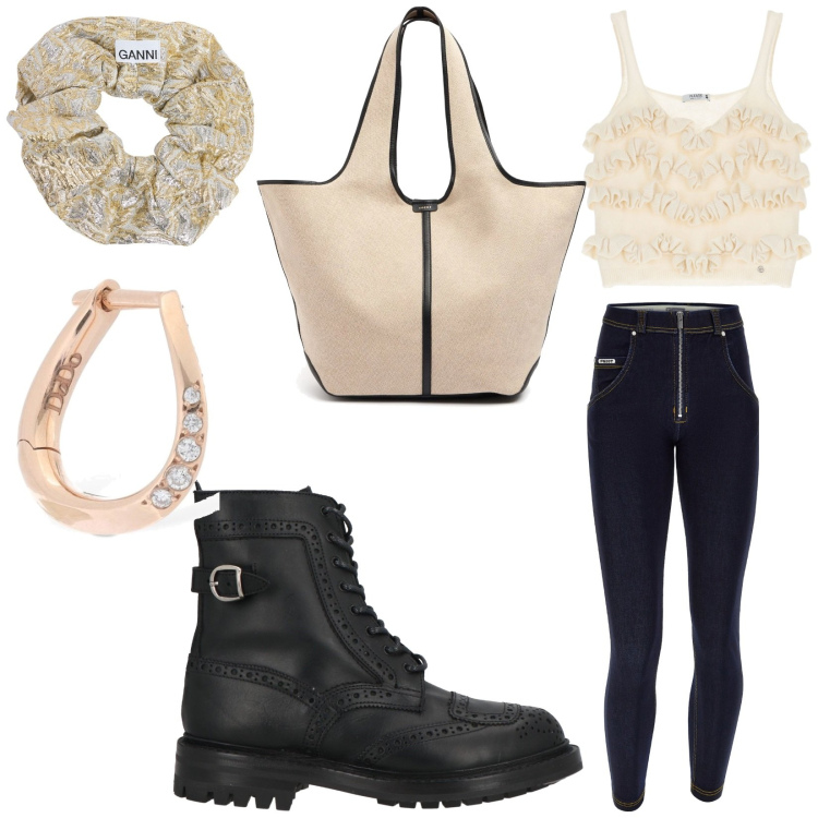 Outfit donna - Glo_2.0. Stile Urban per Tutti i giorni. Abbinamento con anfibi, top, jeans skinny, orecchini, accessori per capelli, borse tote.