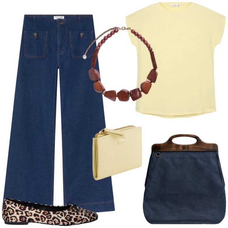 Outfit donna - T-shirt gialla jeans e ballerine. Stile Casual per Scuola/Università. Abbinamento con jeans, t-shirt, ballerine, borse a tracolla, portafogli, collane.