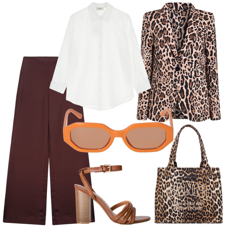 Outfit donna - Ore 18.00 insieme. Stile Trendy per Tutti i giorni. Abbinamento con blazer, camicie, sandali col tacco, occhiali da sole, shopping bag, pantaloni a palazzo.