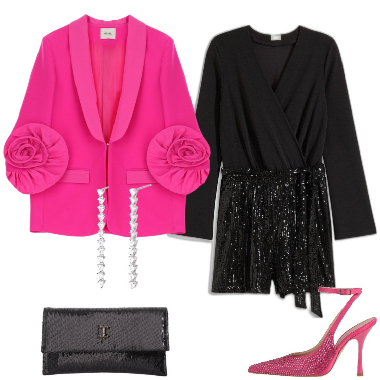 Outfit donna - La tuta corta. Stile Sexy per Serata fuori. Abbinamento con tute, décolleté, orecchini, borse a tracolla, blazer.