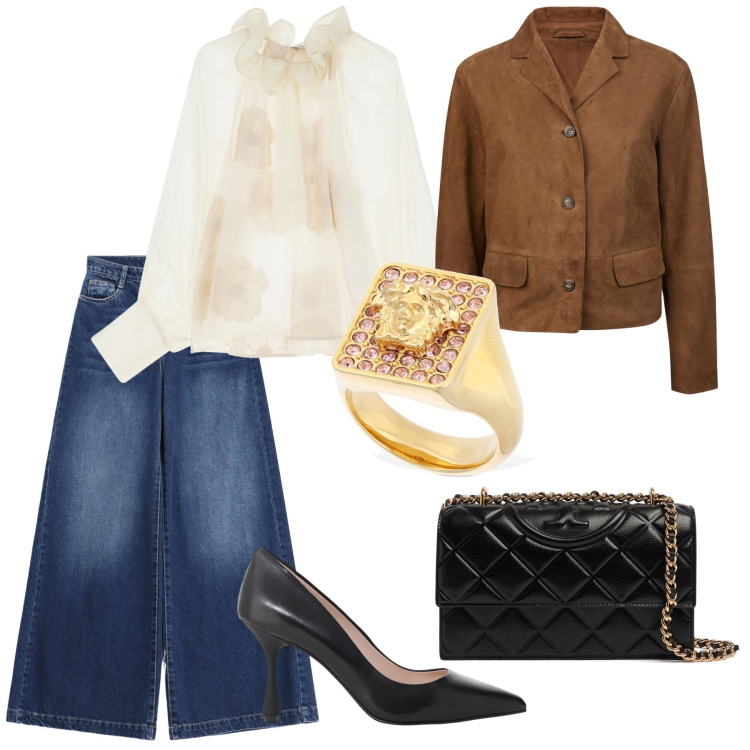 Outfit donna - Normal class. Stile Trendy per Tutti i giorni. Abbinamento con jeans, décolleté, bluse, blazer, anelli, borse a spalla.