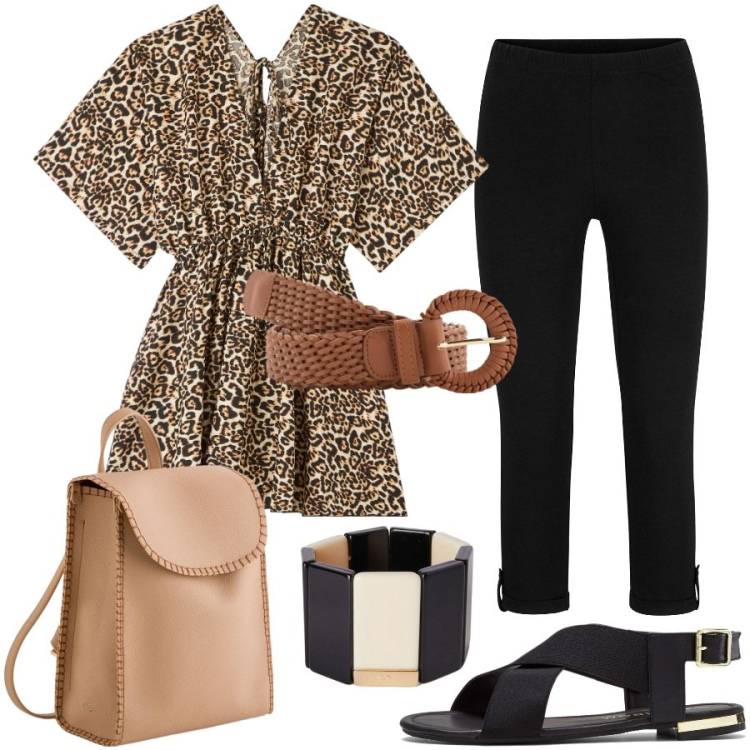 Outfit donna - Animalier da città. Stile Etnico per Tutti i giorni. Abbinamento con sandali, leggings, caftani, cinture, braccialetti, zaini.