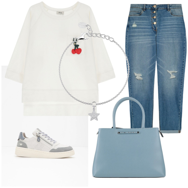 Outfit donna - Total look #2117265. Stile Casual per Tutti i giorni. Abbinamento con sneakers, borse a mano, braccialetti con ciondoli, felpe, jeans strappati.