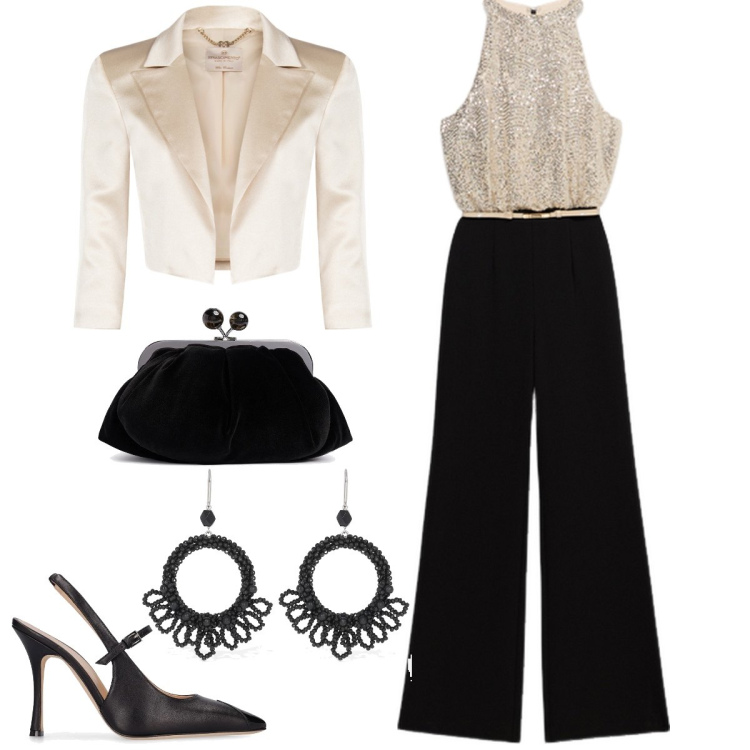 Outfit donna - Cerimonia. Stile Glamour per Cerimonia. Abbinamento con bolero, tute, décolleté, orecchini, pochette.