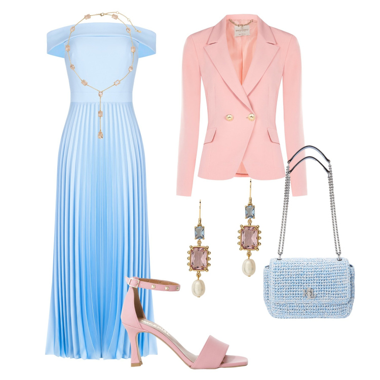 Outfit donna - Testimone di nozze. Stile Chic per Cerimonia. Abbinamento con sandali col tacco, vestiti, blazer, borse a spalla, collane, orecchini.