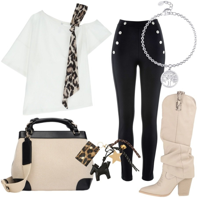 Outfit donna - Look grintoso. Stile Urban per Tutti i giorni. Abbinamento con leggings, stivali, braccialetti con ciondoli, t-shirt, portachiavi, borse a mano.