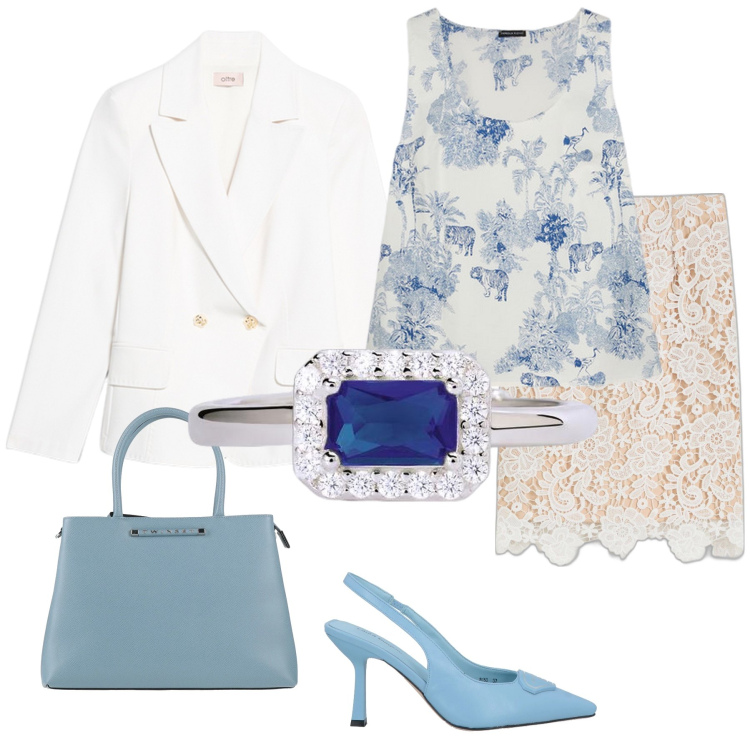 Outfit donna - Total look #2117275. Stile Chic per Tutti i giorni. Abbinamento con gonne, décolleté, borse a mano, anelli, top, blazer.