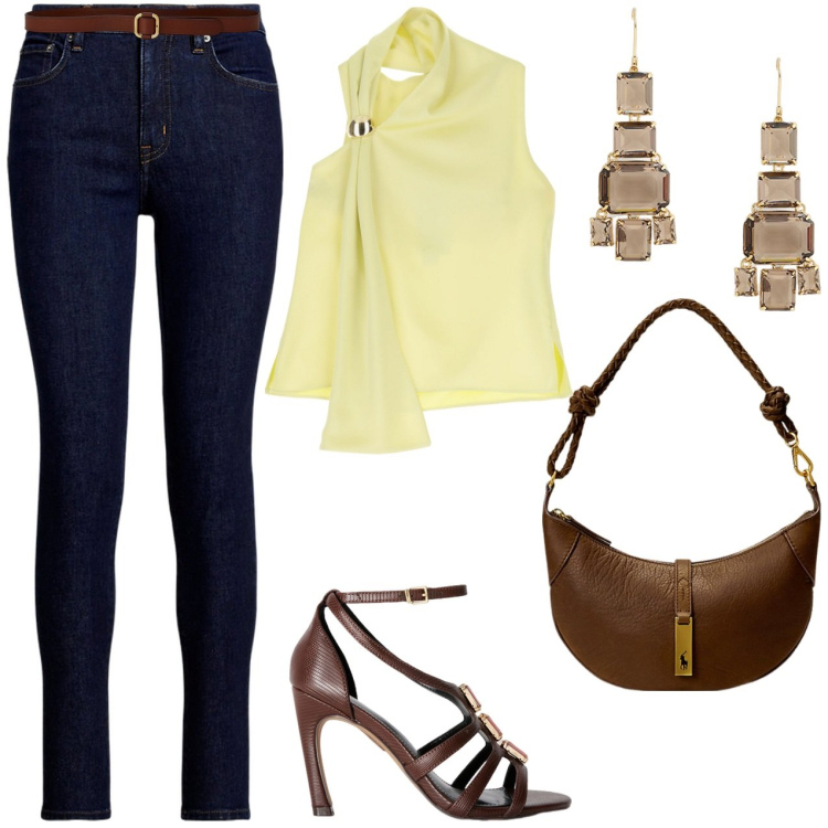 Outfit donna - Top con scollo asimmetrico. Stile Casual chic per Serata fuori. Abbinamento con top, jeans skinny, borse a spalla, cinture, orecchini, sandali gioiello.