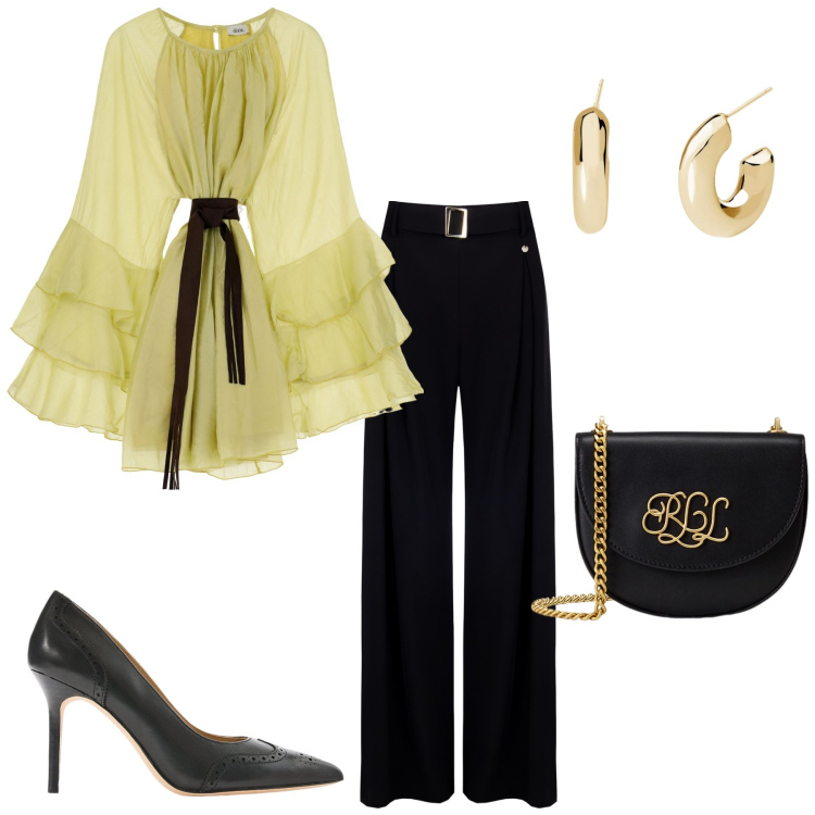 Outfit donna - Giallo. Stile Casual chic per Tutti i giorni. Abbinamento con orecchini, pantaloni, vestiti corti, décolleté, borse a tracolla.