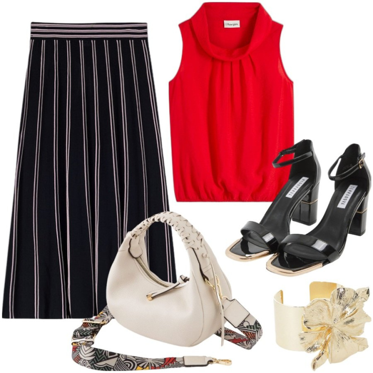 Outfit donna - A cena fuori. Stile Casual chic per Serata fuori. Abbinamento con top, sabot, braccialetti, borse a tracolla, gonne.