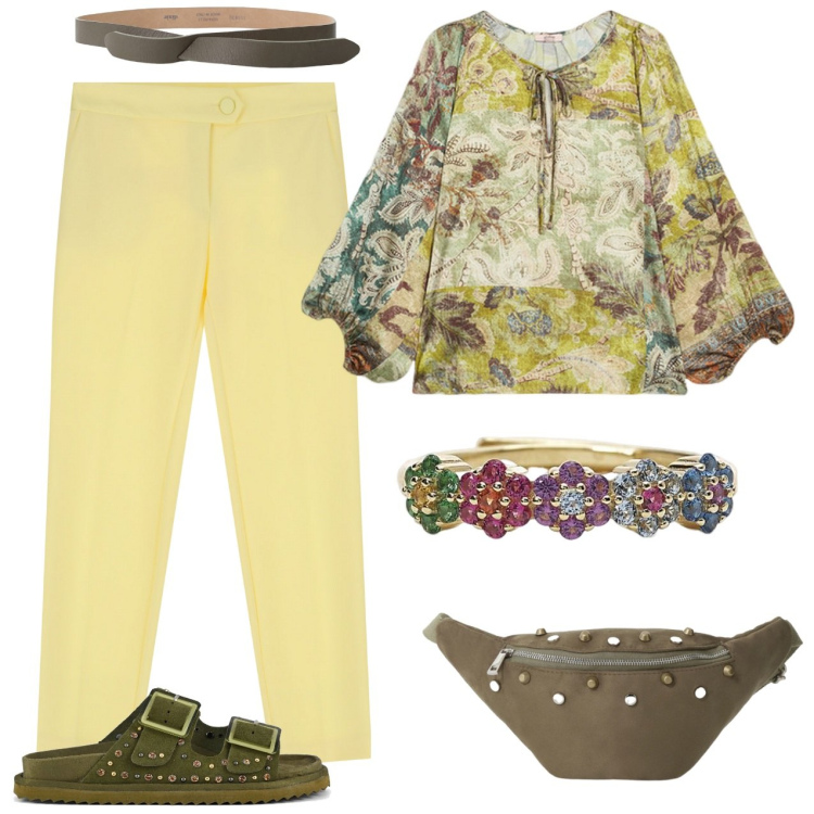 Outfit donna - Giallo e verde. Stile Casual per Tutti i giorni. Abbinamento con anelli, pantaloni, marsupi, cinture, sandali, bluse.