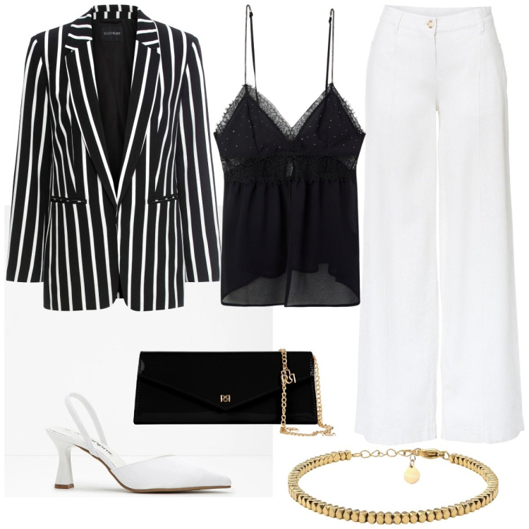 Outfit donna - Bianco e nero. Stile Casual chic per Cerimonia. Abbinamento con pantaloni a palazzo, décolleté, blazer, canottiere, pochette, braccialetti.