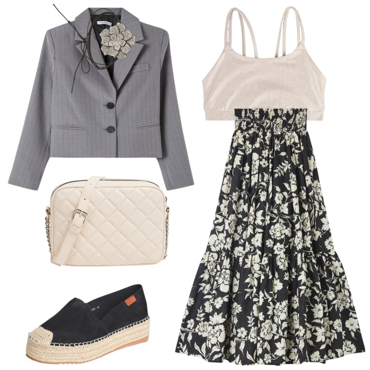 Outfit donna - Aperitivo. Stile Boho per Serata fuori. Abbinamento con gonne lunghe, espadrillas, blazer, borse a tracolla, collane, canottiere.