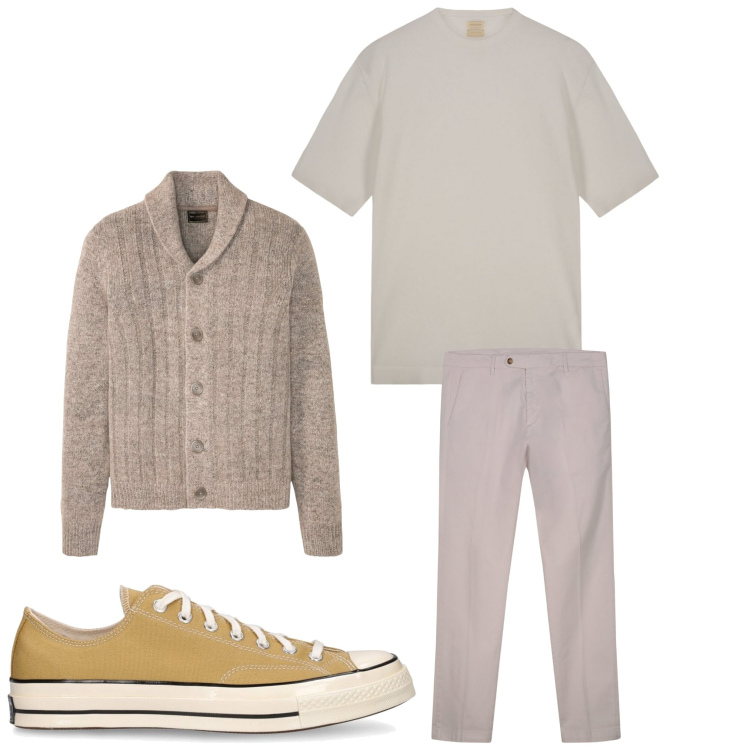Outfit uomo - Armonia di marrone. Stile Casual per Ufficio. Abbinamento con cardigans, t-shirt, pantaloni chino, sneakers.