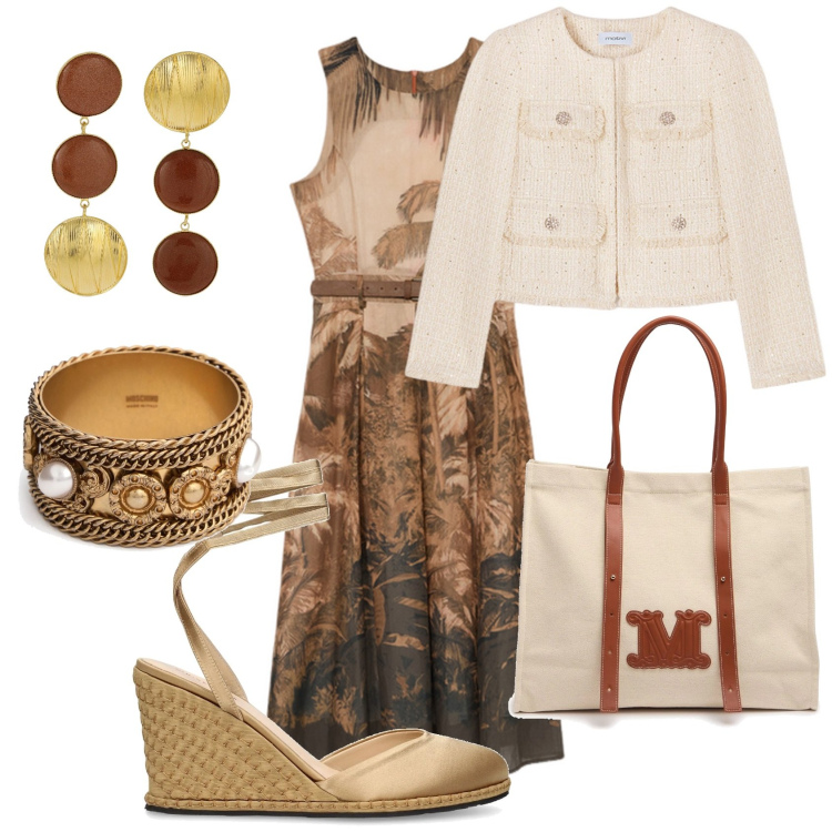 Outfit donna - Total look #2117304. Stile Casual chic per Tutti i giorni. Abbinamento con zeppe, orecchini, braccialetti, blazer, shopping bag, vestiti midi/longuette.