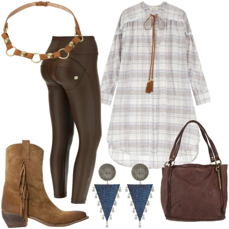 Outfit donna - Country style. Stile Boho per Tutti i giorni. Abbinamento con borse a mano, vestiti, cinture, stivali, pantaloni skinny, orecchini.