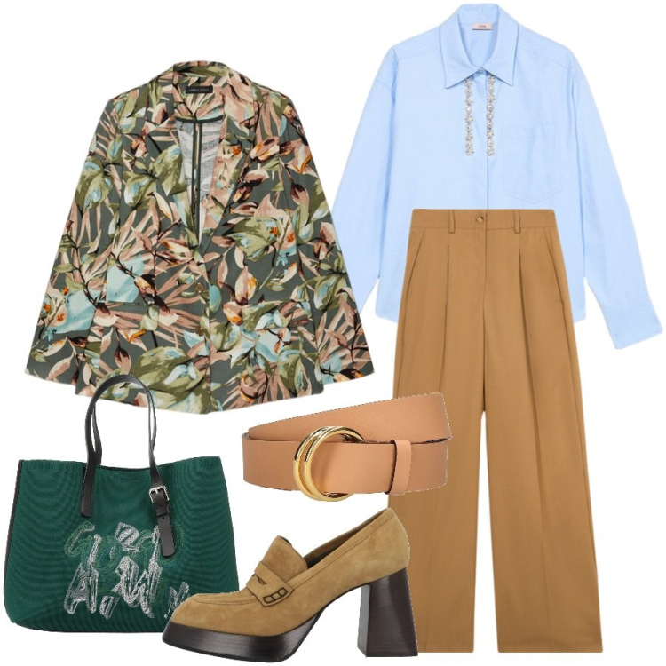 Outfit donna - Trendy in ufficio. Stile Trendy per Ufficio. Abbinamento con mocassini, borse a mano, blazer, camicie, cinture, pantaloni a palazzo.