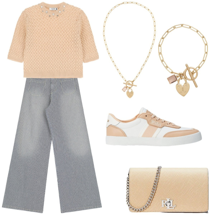 Outfit donna - Kawaii outfit. Stile Trendy per Tutti i giorni. Abbinamento con jeans a zampa, maglieria, borse a tracolla, sneakers, braccialetti, collane.