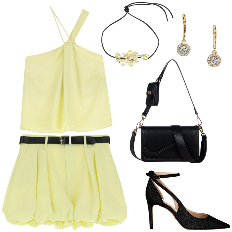 Outfit donna - Giallo burro e nero. Stile Glamour per Serata fuori. Abbinamento con décolleté, pochette, minigonne, top, collane, orecchini.