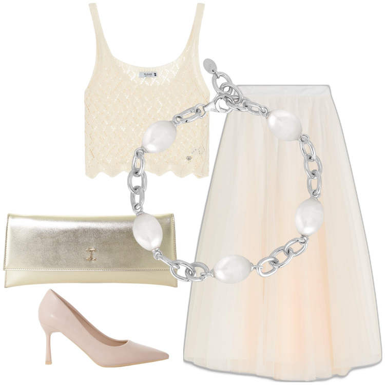 Outfit donna - Total look #2117330. Stile Chic per Serata fuori. Abbinamento con gonne lunghe, braccialetti, top, décolleté, pochette.