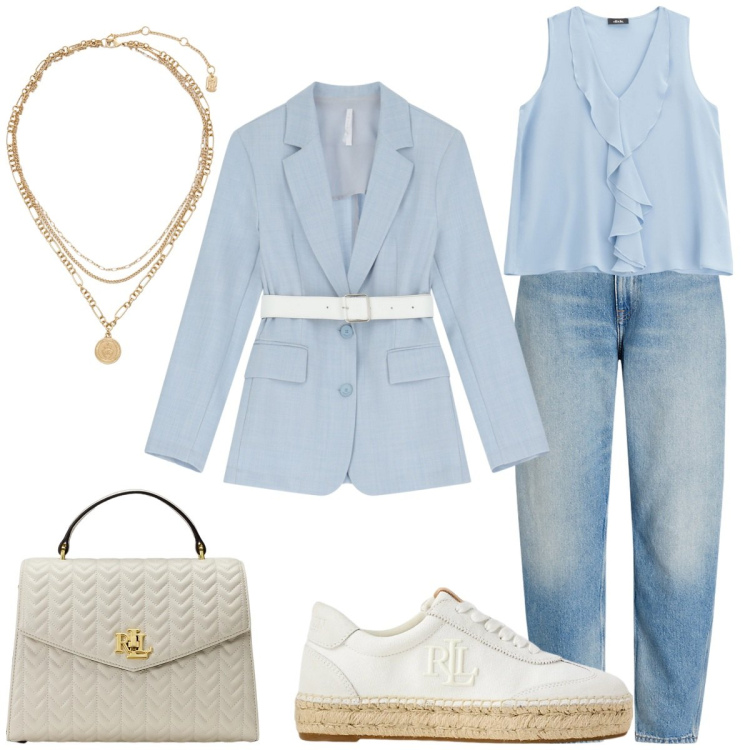 Outfit donna - Un battesimo speciale. Stile Sporty chic per Cerimonia. Abbinamento con blazer, top, sneakers, jeans, ciondoli, borse a mano.