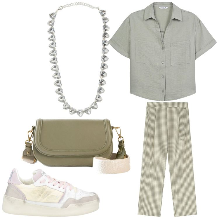Outfit donna - Verde oliva. Stile Casual per Tutti i giorni. Abbinamento con borse a tracolla, sneakers, collane, camicie a manica corta, pantaloni.