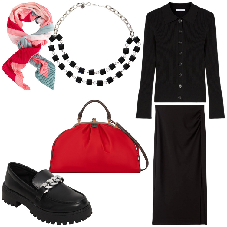 Outfit donna - Bellissima. Stile Casual chic per Tutti i giorni. Abbinamento con mocassini, gonne lunghe, collane, borse a spalla, foulard, cardigans.