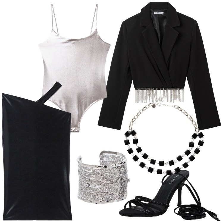 Outfit donna - Silver & black. Stile Glamour per Serata fuori. Abbinamento con gonne lunghe, sandali alla schiava, blazer, body, collane, braccialetti.