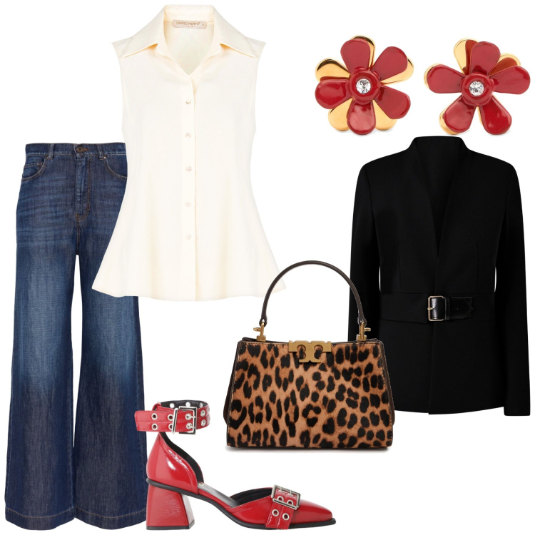 Outfit donna - Amiche time. Stile Trendy per Tutti i giorni. Abbinamento con décolleté, blazer, camicie, jeans, borse a mano, orecchini.