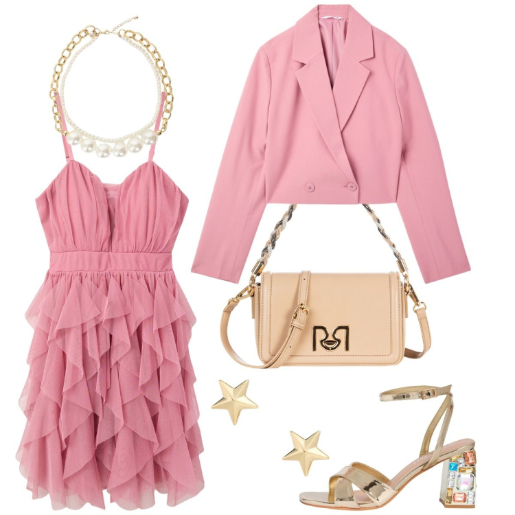 Outfit donna - Cerimonia in rosa. Stile Glamour per Cerimonia. Abbinamento con blazer, vestiti corti, sandali gioiello, borse a tracolla, collane, orecchini.