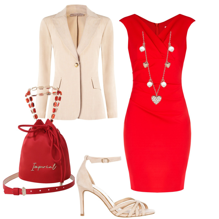 Outfit donna - Evento in rosso e panna. Stile Chic per Cerimonia. Abbinamento con vestiti a tubino, sandali col tacco, blazer, collane, borse a secchiello.