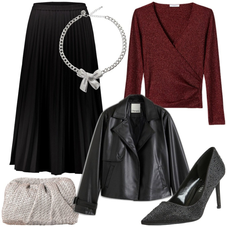 Outfit donna - Cena romantica. Stile Casual chic per Serata fuori. Abbinamento con trench, décolleté, clutch, collane, gonne lunghe, maglieria.