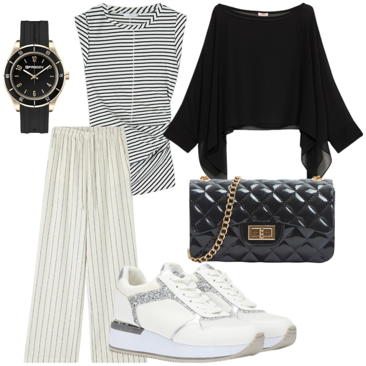 Outfit donna - Righe. per Tutti i giorni. Abbinamento con pantaloni, borse a tracolla, orologi, top, bolero, sneakers.