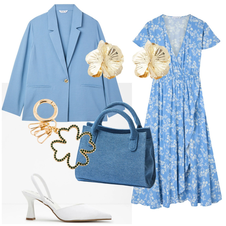 Outfit donna - Cielo di primavera. Stile Romantica per Tutti i giorni. Abbinamento con décolleté, vestiti lunghi, blazer, borse a tracolla, orecchini, portachiavi.