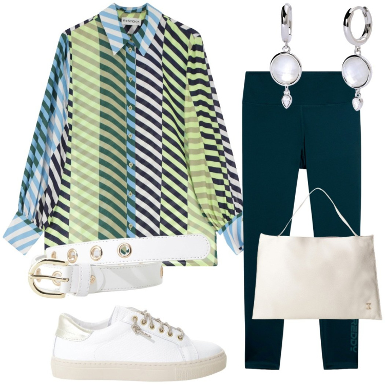 Outfit donna - Urban style. Stile Casual chic per Tutti i giorni. Abbinamento con sneakers, borse a spalla, cinture, camicie, orecchini, leggings.