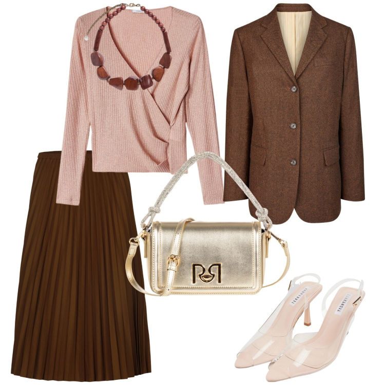 Outfit donna - Ufficio. per Ufficio. Abbinamento con sandali col tacco, borse a mano, gonne longuette, blazer, maglieria, collane.