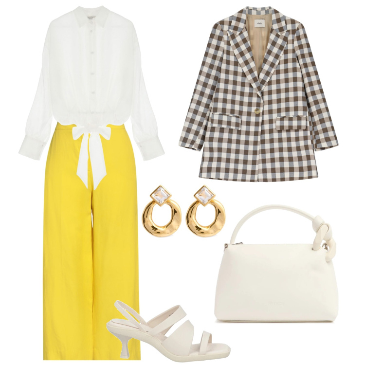 Outfit donna - Riunione in ufficio. Stile Bon Ton per Ufficio. Abbinamento con sandali in pelle, pantaloni, blazer, camicie, orecchini, borse a spalla.