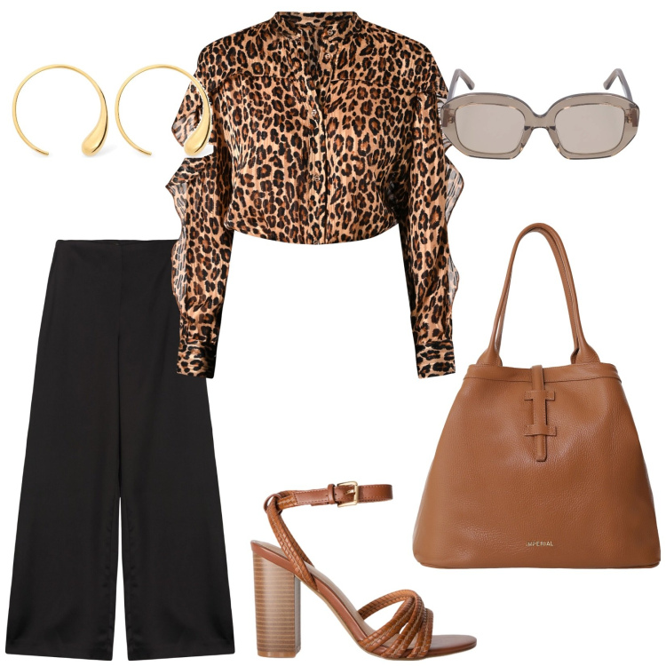 Outfit donna - Caffè con amici. per Tutti i giorni. Abbinamento con borse tote, camicie, occhiali da sole, orecchini, pantaloni a palazzo, sandali col tacco.