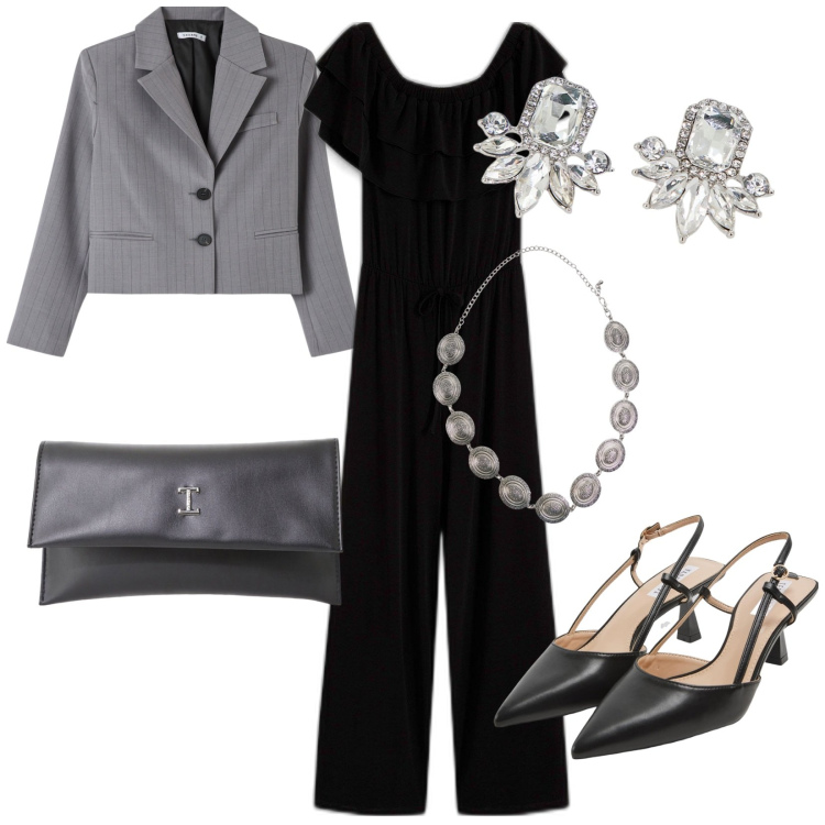 Outfit donna - Jumpesuite. Stile Trendy per Serata fuori. Abbinamento con tute, sabot, cinture, blazer, pochette, orecchini.