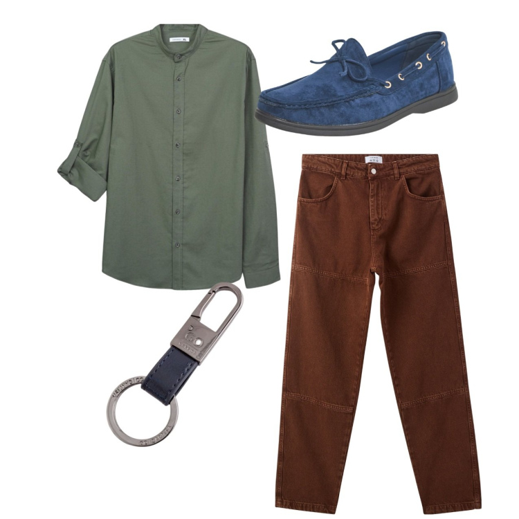 Outfit uomo - Total look. Stile Casual per Tutti i giorni. Abbinamento con scarpe stringate, pantaloni, camicie, portachiavi.