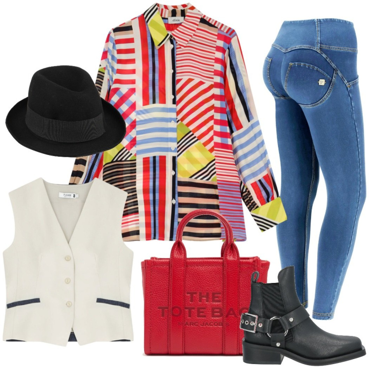 Outfit donna - Stile anni \'80. Stile Vintage retrò per Scuola/Università. Abbinamento con cappelli, stivaletti chelsea, gilet, jeggings, camicie, borse a tracolla.